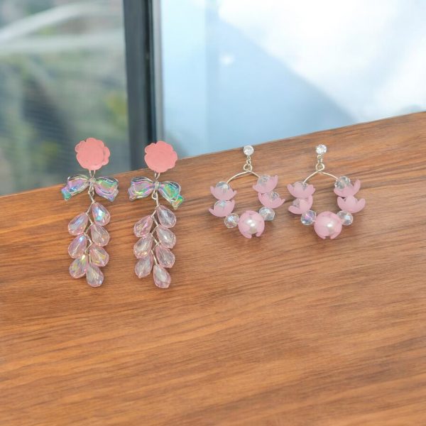 2ps Korean Flower Earring. (Pink)