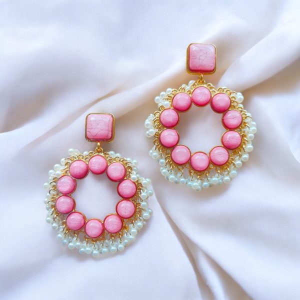 Gold Plated Crystal Drop Wedding Earring.(Pink)