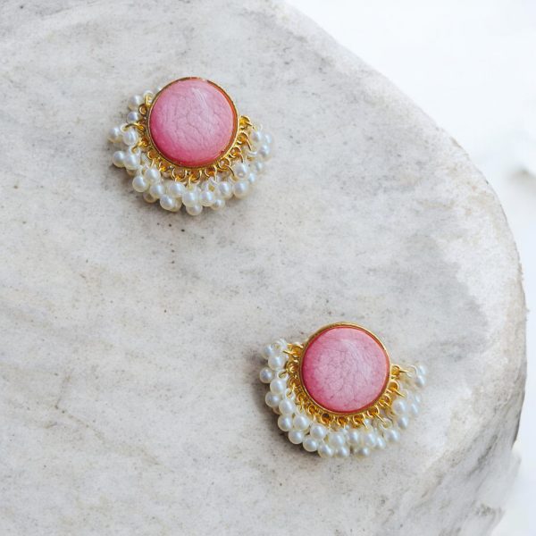 Gold Plated Round Earring.(Pink) - Image 2