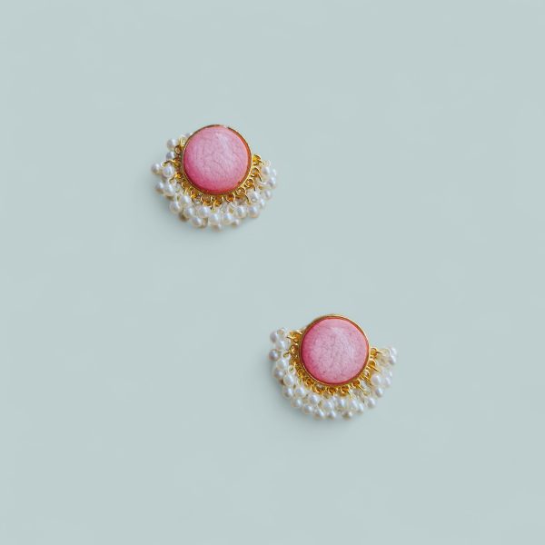 Gold Plated Round Earring.(Pink)